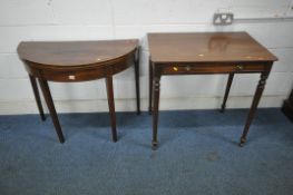 A GEORGIAN MAHOGANY DEMI-LUNE TEA TABLE, raised on square tapered legs, width 91cm x depth 46cm x