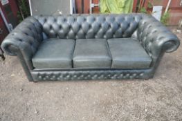 AN DARK AQUAMARINE LEATHER THREE SEATER CHESTERFIELD SOFA, length 196cm x depth 87cm x height