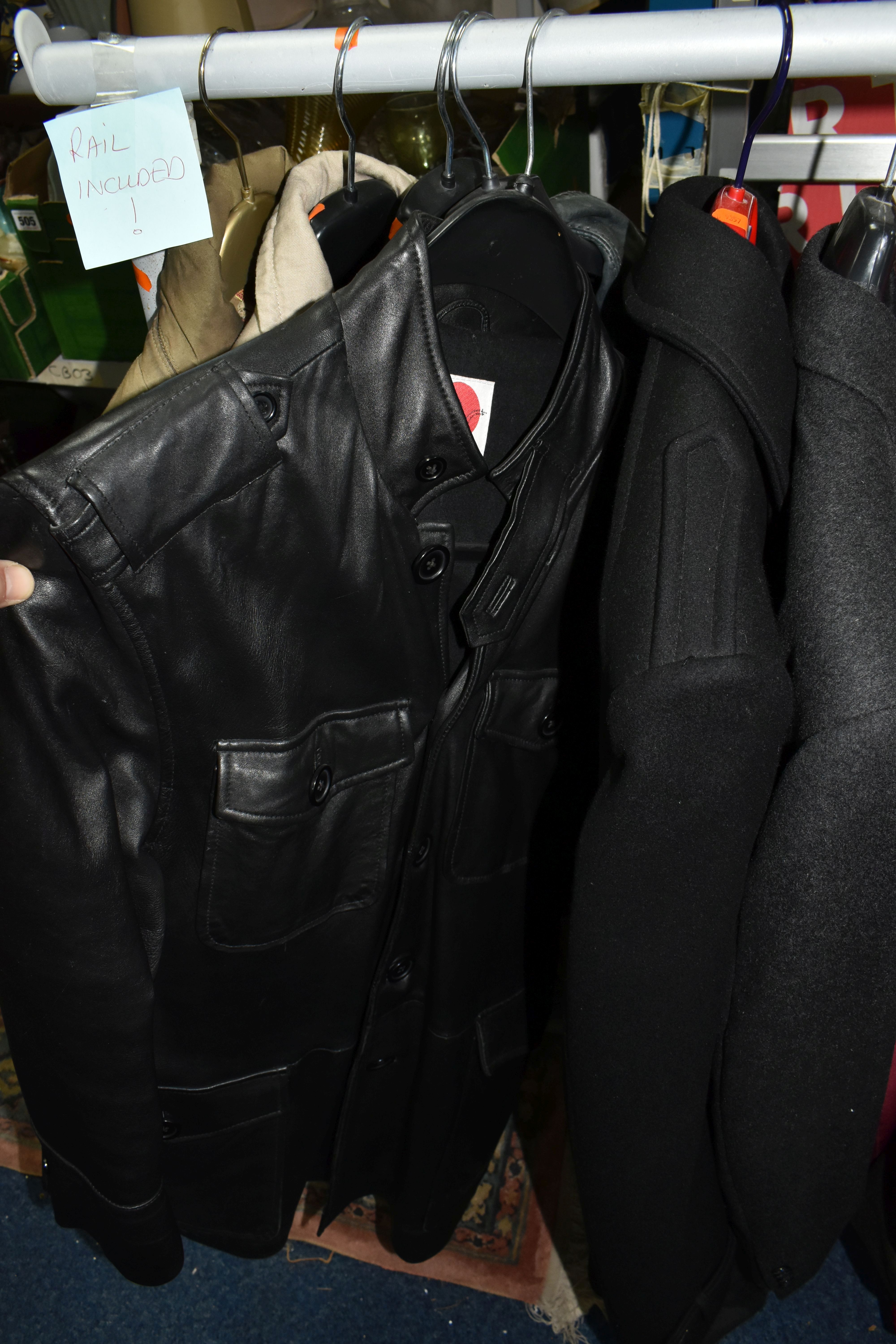 A SMALL CLOTHES RAIL AND A GROUP OF GENTLEMEN'S DESIGNER JACKETS AND SUITS, comprising a black - Image 6 of 12