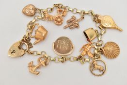 A 9CT GOLD CHARM BRACELET, fine bracelet, fitted with a heart padlock clasp, hallmarked 9ct