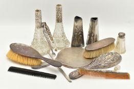 ASSORTED SILVER ITEMS, to include a three piece vanity set comprising of a hair brush, hand held