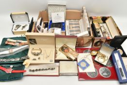 TWO BOXES OF ASSORTED COSTUME JEWELLERY, LADIES WRISTWATCHES AND OTHER ITEMS, to include a variety