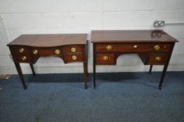 A GEORGIAN STYLE MAHOGANY KNEE HOLE DESK, fitted with three drawers, raised on square tapered legs