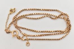 A 9CT GOLD BOX LINK CHAIN, fitted with a spring clasp and additional safety chain, hallmarked 9ct