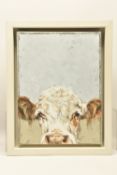 VICKY PALMER (BRITISH CONTEMPORARY) 'PEEKING COW', a portrait of a white faced cow, initialled