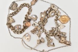 TWO SILVER CHARM BRACELETS, the first a silver curb link chain, fitted with a heart padlock clasp,
