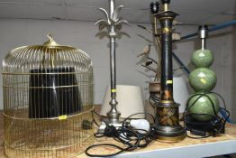 A GROUP OF LAMP STANDS AND SHADES to include a hand painted tole lamp stand (significant chip to the