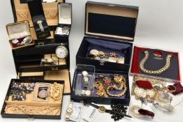 A BOX OF ASSORTED COSTUME JEWELLERY AND JEWELLERY BOXES, to include a small white metal, blue and