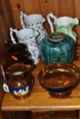 A GROUP OF NINETEENTH CENTURY CERAMICS, comprising a Chinese style hexagonal jar with blue/green
