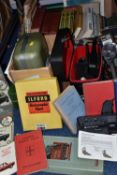TWO BOXES AND LOOSE BOOKS, PICTURES AND VINTAGE CINE CAMERAS, to include a Prinz 'Cavalier' 8mm