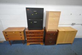 A MID CENTURY TEAK CHEST OF THREE DRAWERS, raised on cylindrical turned legs, width 75cm x depth