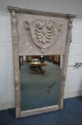 A LARGE RECTANGULAR WALL MIRROR, with mounted foliate and mask decorations, decorations, 99cm x