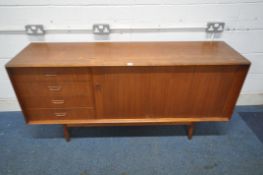 DALESCRAFT FINE FURNITURE, A MID CENTURY TEAK SIDEBOARD, fitted with four drawers, a long tambour