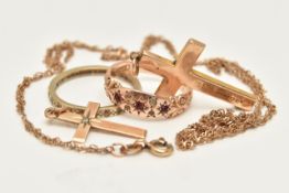 AN EARLY 20TH CENTURY, 9CT GOLD GEM SET RING, TWO CROSS PENDANTS, ANOTHER RING AND A BROKEN CHAIN,