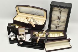 A SELECTION OF WATCHES AND WATCH DISPLAY BOXES, to include Accurist, Sekonda, PWC London, DKNY,