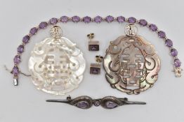 FIVE ITEMS OF MAINLY GEM JEWELLERY, to include an amethyst brooch and bracelet, a pair of paste stud