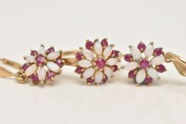 A 9CT GOLD RUBY AND OPAL RING WITH MATCHING EARRINGS, the ring designed as a circular cluster set