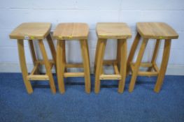 A SET OF FOUR BEECH HIGH STOOLS, with dish seats, height 72cm (condition report: overall good