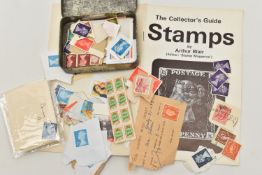 A SMALL TIN WITH A VERY WORN 'PENNY BLACK' STAMP WITH OTHER MODERN STAMPS AND A COLLECTORS GUIDE