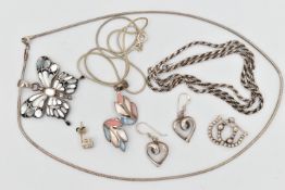 A SELECTION OF SILVER AND WHITE METAL JEWELLERY, to include an inlaid mother of pearl butterfly