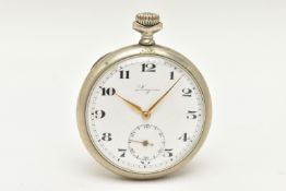 A 'LONGINES' OPEN FACE POCKET WATCH, manual wind, round white dial signed 'Longines', Arabic