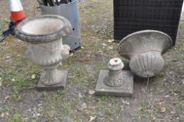 A PAIR OF CAMPAGNA GARDEN URNS (one broken at stem the other cracked at stem) both 48cm in