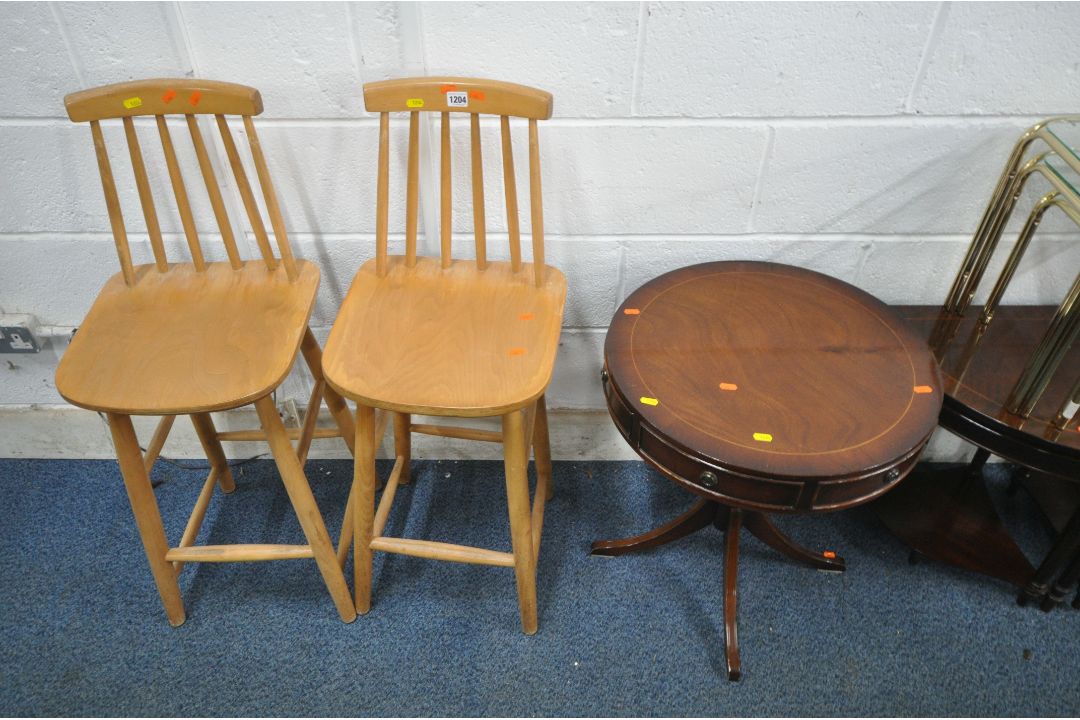A PAIR OF BEECH HIGH CHAIRS, a mahogany drum table with two drawers, a demi-lune nest of three - Image 3 of 3