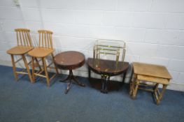 A PAIR OF BEECH HIGH CHAIRS, a mahogany drum table with two drawers, a demi-lune nest of three