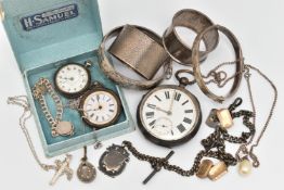 ASSORTED SILVER AND WHITE METAL ITEMS, to include a key wound, open face pocket watch, round white