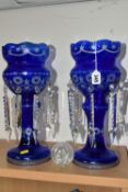 A PAIR OF LUSTRES, blue cut to clear, each with eight hanging glass drops, height 36cm (2 + pot of