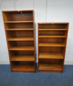 TWO TEAK OPEN BOOKCASES, with an arrangement of shelving, tallest width 77cm x depth 30cm x height