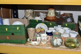 FOUR BOXES AND LOOSE CERAMICS AND GLASSWARE, to include a collection of royal commemorative mugs,
