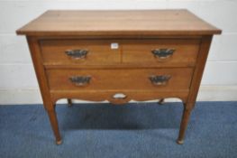 A SOLID OAK CHEST OF TWO DRAWERS, on cylindrical legs, width 92cm x depth 49cm x height 78cm (