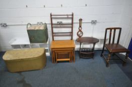 TWO WHITE SHELVING UNITS, a nest of three tables, a shoe rack, a wicker ottoman, a wicker storage