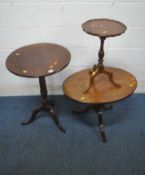 A GEORGIAN MAHOGANY TILT TOP TRIPOD TABLE, diameter 52cm x height 73cm, along with an oval
