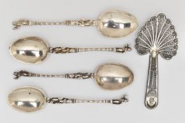 FIVE SPOONS, to include a filigree caddy spoon and four matching small spoons with figures on each