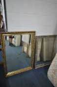 A GILT FRAMED BEVELLED EDGE WALL MIRROR, 71cm x 100cm, along with a similar smaller silver finish