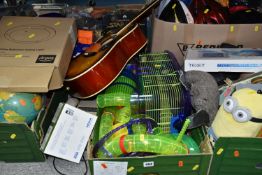 FOUR BOXES AND LOOSE MISCELLANEOUS, including a large hamster cage with varies attachments,