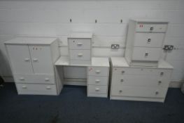 A SELECTION OF WHITE BEDROOM FURNITURE, to include a dressing table, a cabinet with double doors and