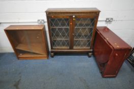A 20TH CENTURY OAK LEAD GLAZED BOOKCASE, width 102cm x depth 26cm x height 117cm, a teak bookcase