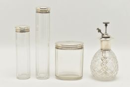THREE EARLY 20TH CENTURY GLASS TOILET JARS AND A PERFUME ATOMISER, to include an oval glass jar with
