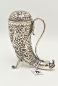 A LATE VICTORIAN SILVER CORNUCOPIA SHAPED SUGAR CASTER, with embossed floral and foliate decoration,