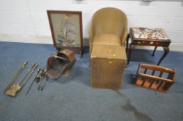 A GOLD LLOYD LOOM ARMCHAIR, a matching linen basket, a piano stool, a fire screen, a magazine