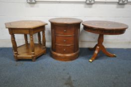 WILLIS AND GAMBIER, A CYLINDRICAL THREE DRAWER CHEST, diameter 54cm x height 81cm, a circular