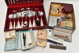 A WOODEN CANTEEN AND OTHER ASSORTED ITEMS, six person place setting of polished stainless steel