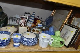 ONE BOX OF CERAMICS AND LOOSE PICTURES, to include a Staffordshire 'Chef Ware' vinegar decanter, a