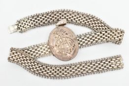 A LOCKET AND COLLAR, the oval locket with applied scrolling monogram, engraved detail to the edge,