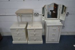 A SELECTION OF WHITE BEDROOM FURNITURE, to include a pair of two drawer bedside chests, each with