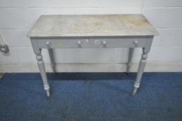 A VICTORIAN PAINTED PINE MARBLE TOP WASHSTAND, with two frieze drawers, raised on turned legs and