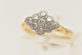 A YELLOW METAL DIAMOND RING, of a marquise shape set with nine round brilliant cut diamonds,